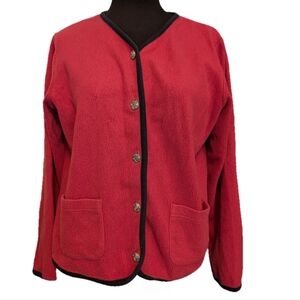 LL Bean Fleece Cardigan Jacket, Medium, Red with Navy Trim